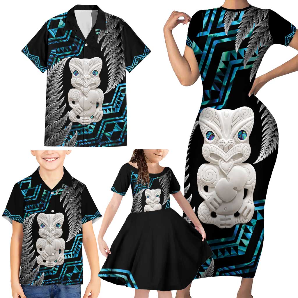 Aotearoa Taniko Paua Shell With Hei Tiki Family Matching Short Sleeve Bodycon Dress and Hawaiian Shirt LT14 - Polynesian Pride