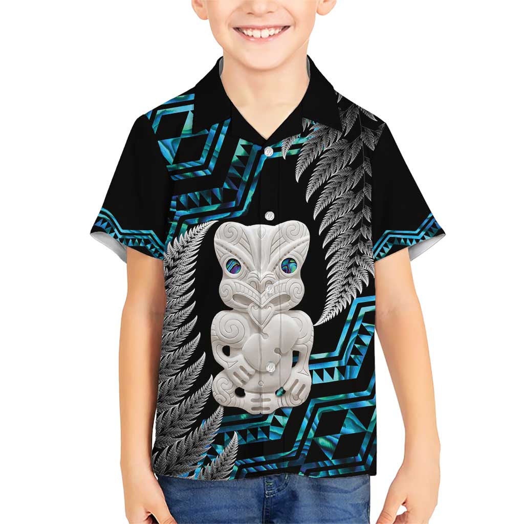 Aotearoa Taniko Paua Shell With Hei Tiki Family Matching Short Sleeve Bodycon Dress and Hawaiian Shirt LT14 Son's Shirt Black - Polynesian Pride