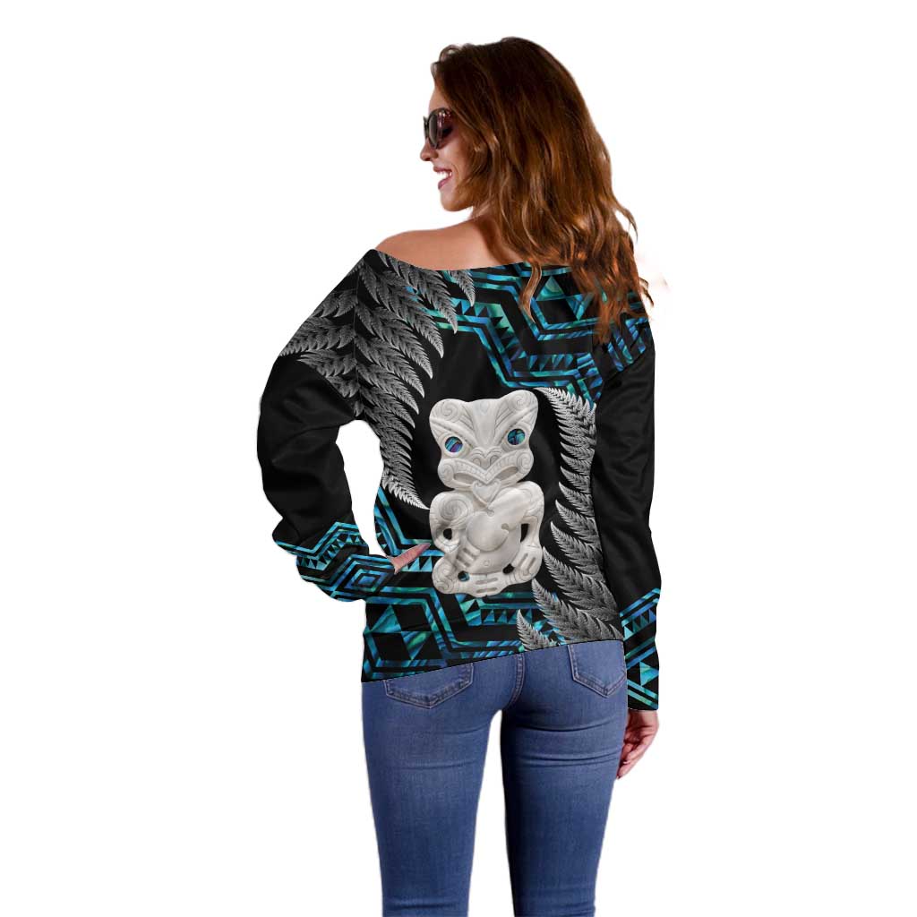 Aotearoa Taniko Paua Shell With Hei Tiki Off Shoulder Sweater