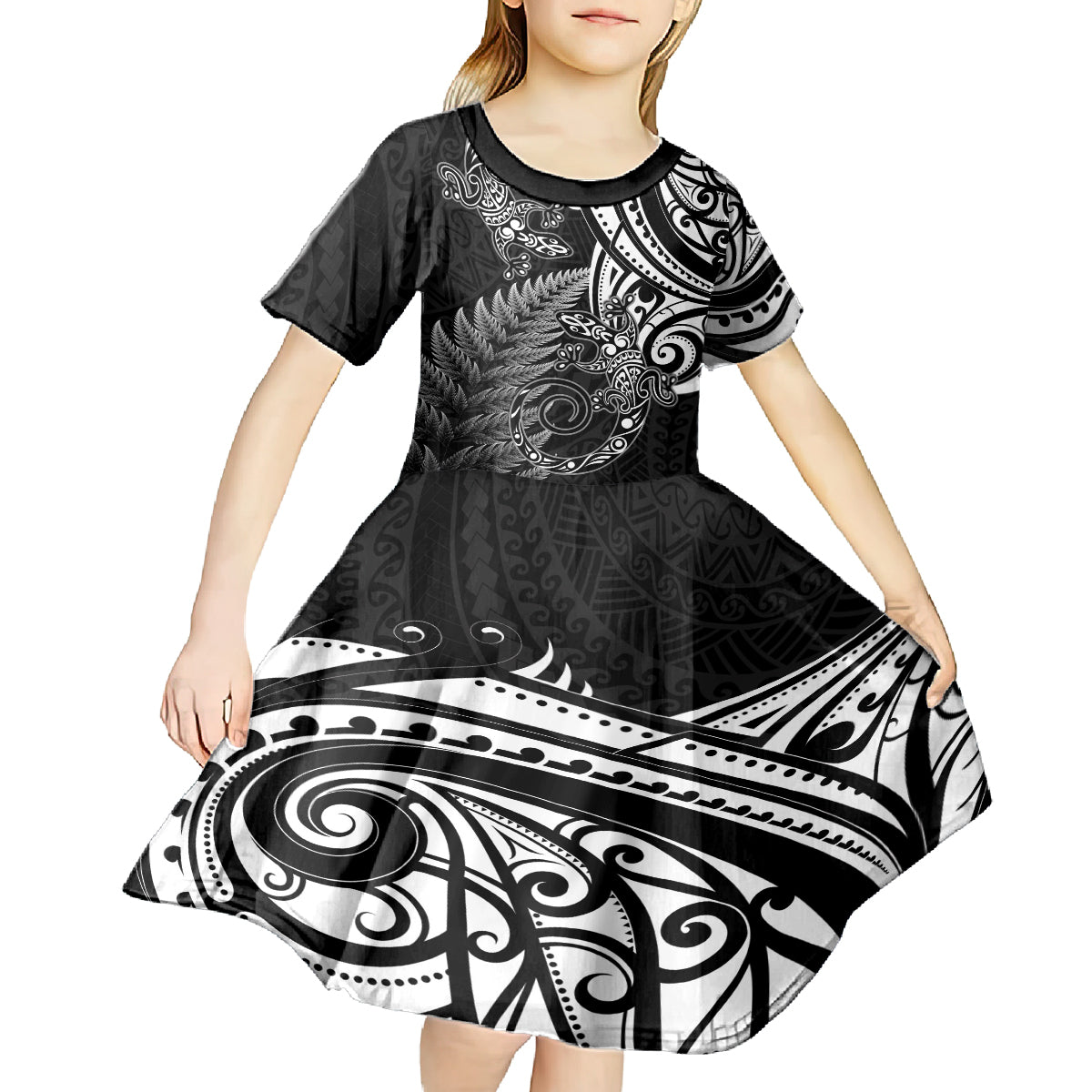 New Zealand Lizard Kid Short Sleeve Dress Silver Fern Aotearoa Maori LT14 - Polynesian Pride