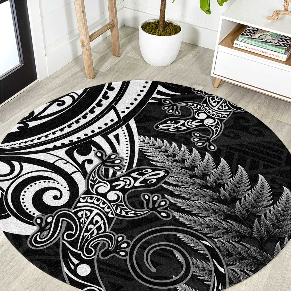 New Zealand Lizard Round Carpet Silver Fern Aotearoa Maori LT14 Black - Polynesian Pride