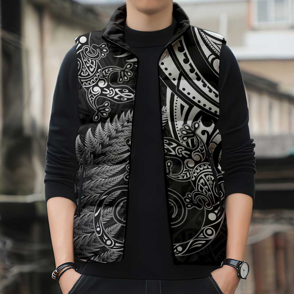 New Zealand Lizard Sleeveless Puffer Jacket Silver Fern Aotearoa Maori - Polynesian Pride