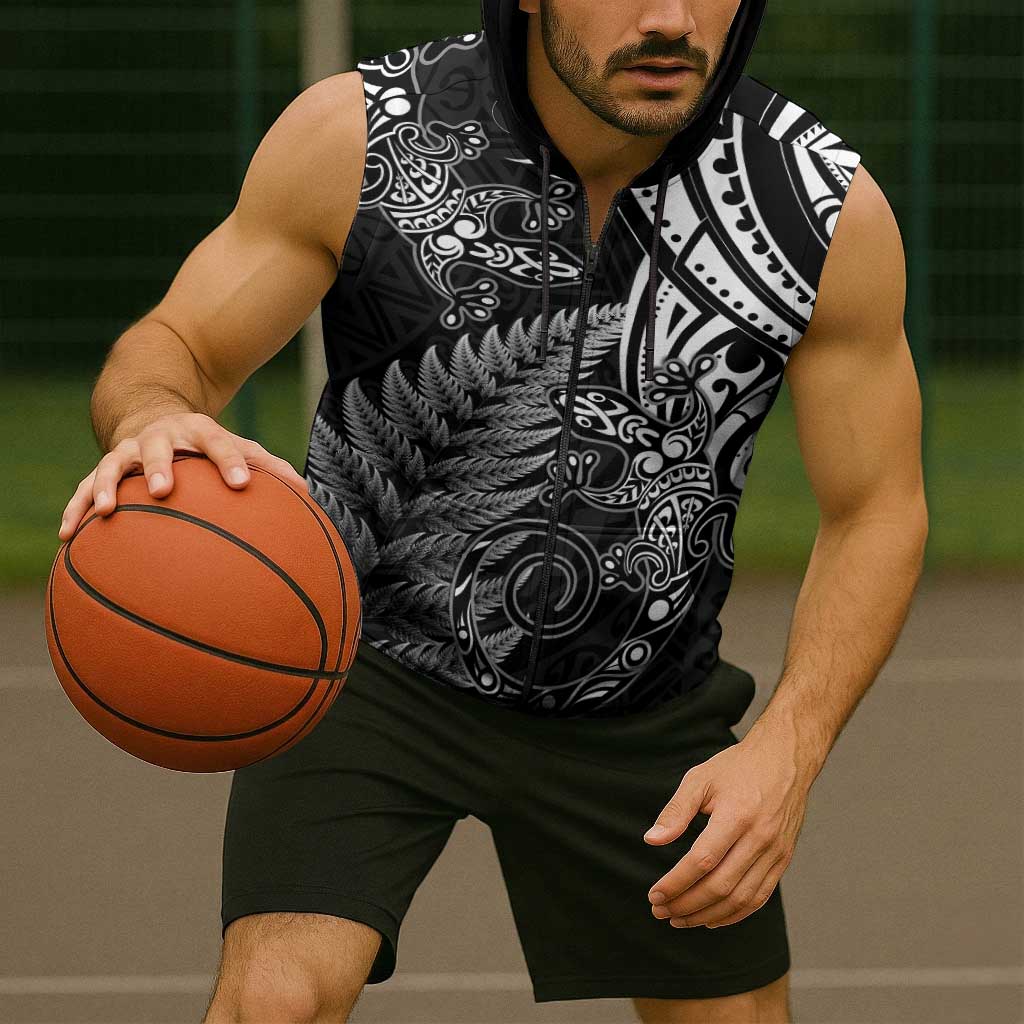 New Zealand Lizard Sleeveless Zip Hoodie Silver Fern Aotearoa Maori - Polynesian Pride