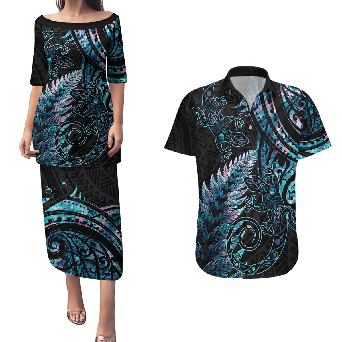 New Zealand Lizard Couples Matching Puletasi and Hawaiian Shirt Silver Fern Aotearoa Maori With Paua Shell LT14 Turquoise - Polynesian Pride
