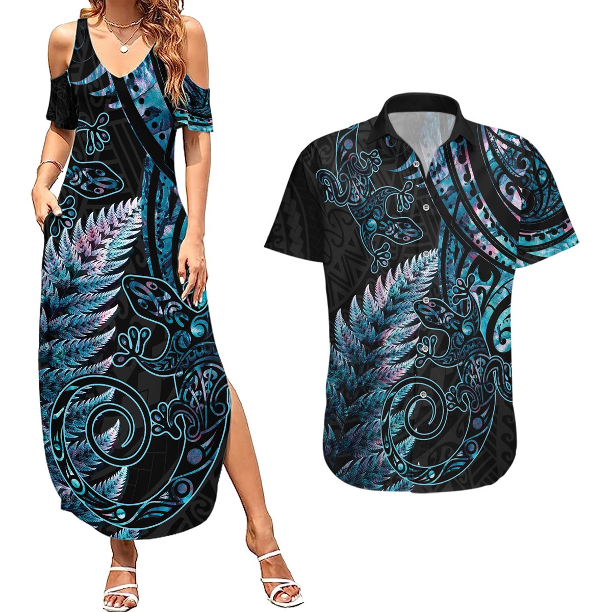 New Zealand Lizard Couples Matching Summer Maxi Dress and Hawaiian Shirt Silver Fern Aotearoa Maori With Paua Shell LT14 Turquoise - Polynesian Pride
