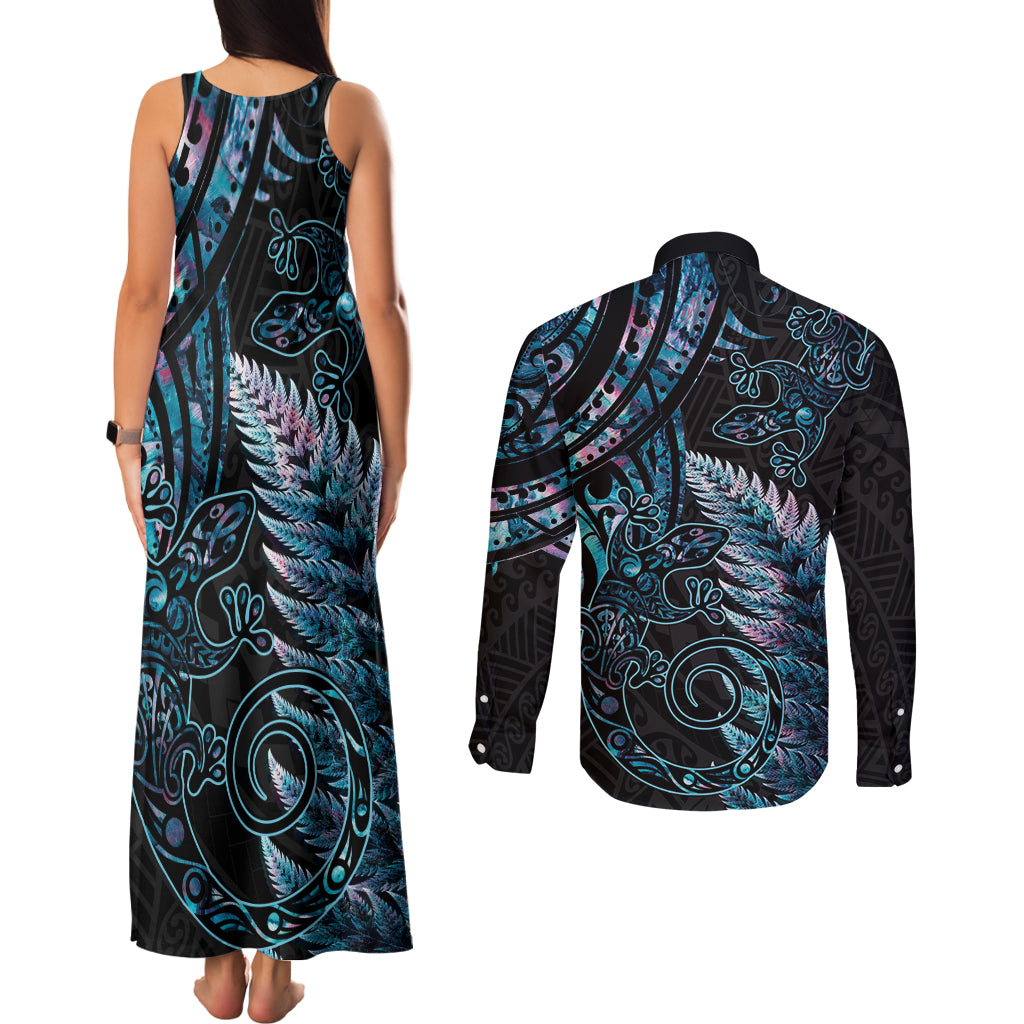 New Zealand Lizard Couples Matching Tank Maxi Dress and Long Sleeve Button Shirt Silver Fern Aotearoa Maori With Paua Shell LT14 - Polynesian Pride