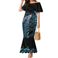 New Zealand Lizard Family Matching Mermaid Dress and Hawaiian Shirt Silver Fern Aotearoa Maori With Paua Shell LT14 Mom's Dress Turquoise - Polynesian Pride