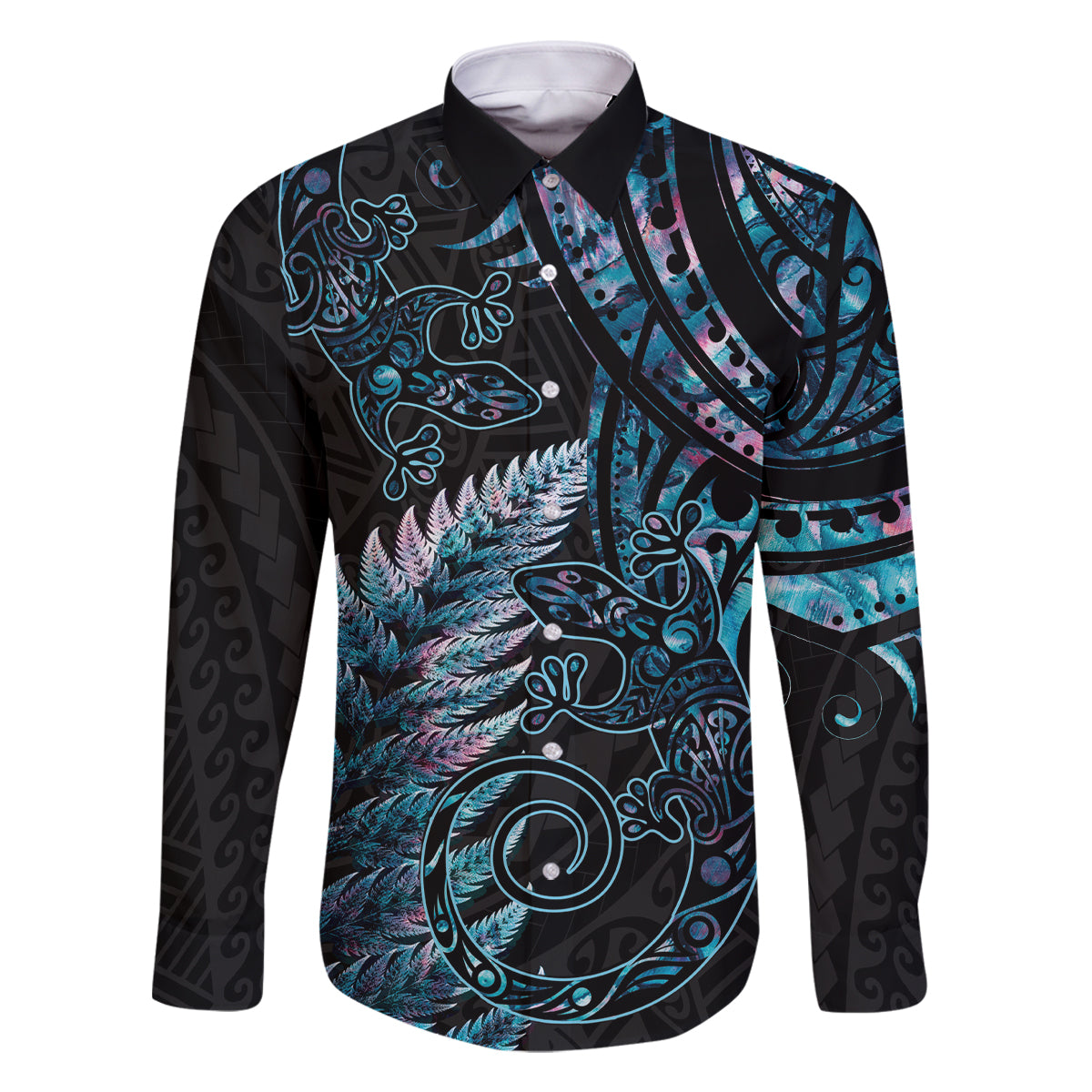 New Zealand Lizard Family Matching Off Shoulder Maxi Dress and Hawaiian Shirt Silver Fern Aotearoa Maori With Paua Shell LT14 Dad's Shirt - Long Sleeve Turquoise - Polynesian Pride