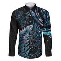 New Zealand Lizard Family Matching Tank Maxi Dress and Hawaiian Shirt Silver Fern Aotearoa Maori With Paua Shell LT14 Dad's Shirt - Long Sleeve Turquoise - Polynesian Pride