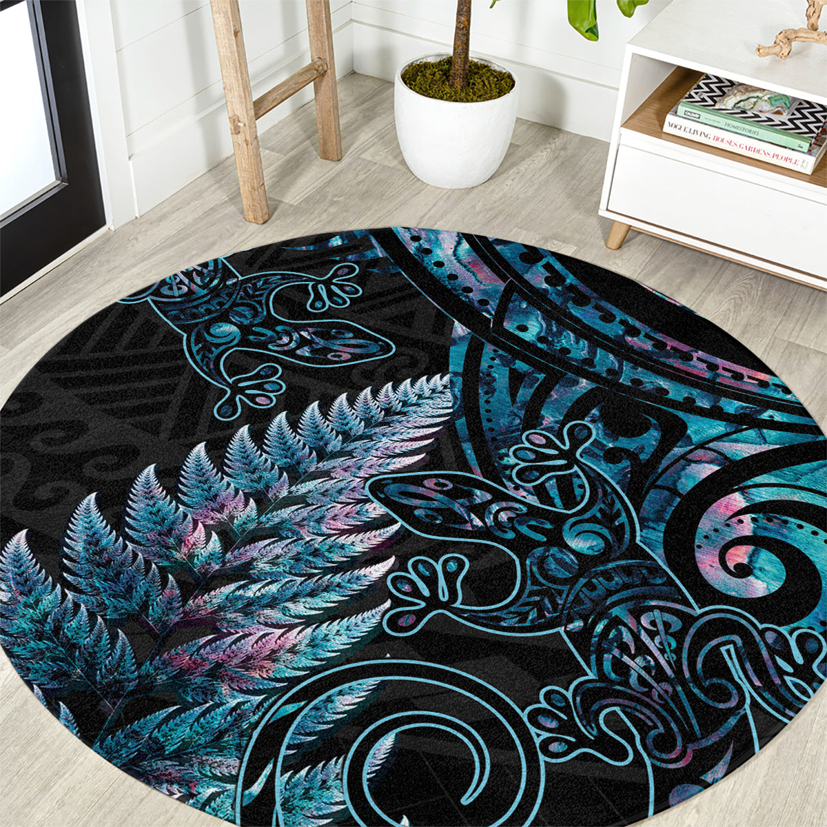 New Zealand Lizard Round Carpet Silver Fern Aotearoa Maori With Paua Shell LT14 Turquoise - Polynesian Pride