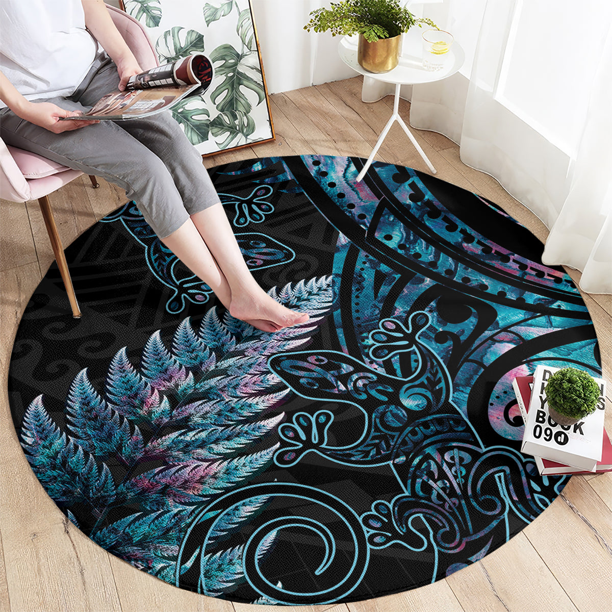 New Zealand Lizard Round Carpet Silver Fern Aotearoa Maori With Paua Shell LT14 - Polynesian Pride