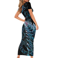 New Zealand Lizard Short Sleeve Bodycon Dress Silver Fern Aotearoa Maori With Paua Shell LT14 - Polynesian Pride