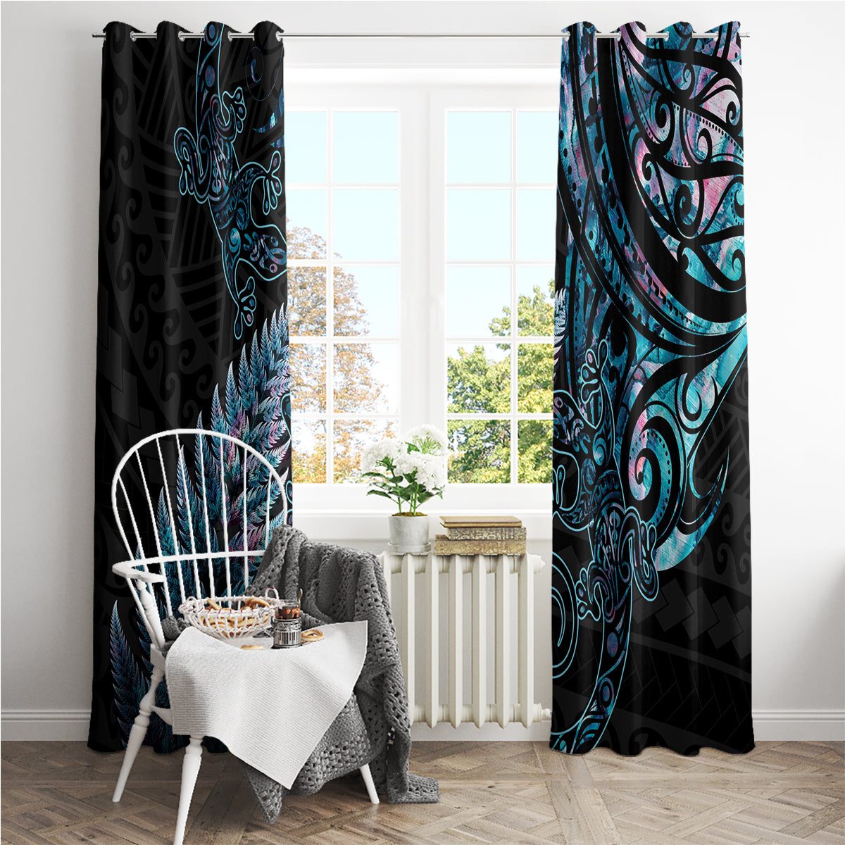 New Zealand Lizard Window Curtain Silver Fern Aotearoa Maori With Paua Shell