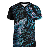 New Zealand Lizard Women V Neck T Shirt Silver Fern Aotearoa Maori With Paua Shell LT14 Female Turquoise - Polynesian Pride