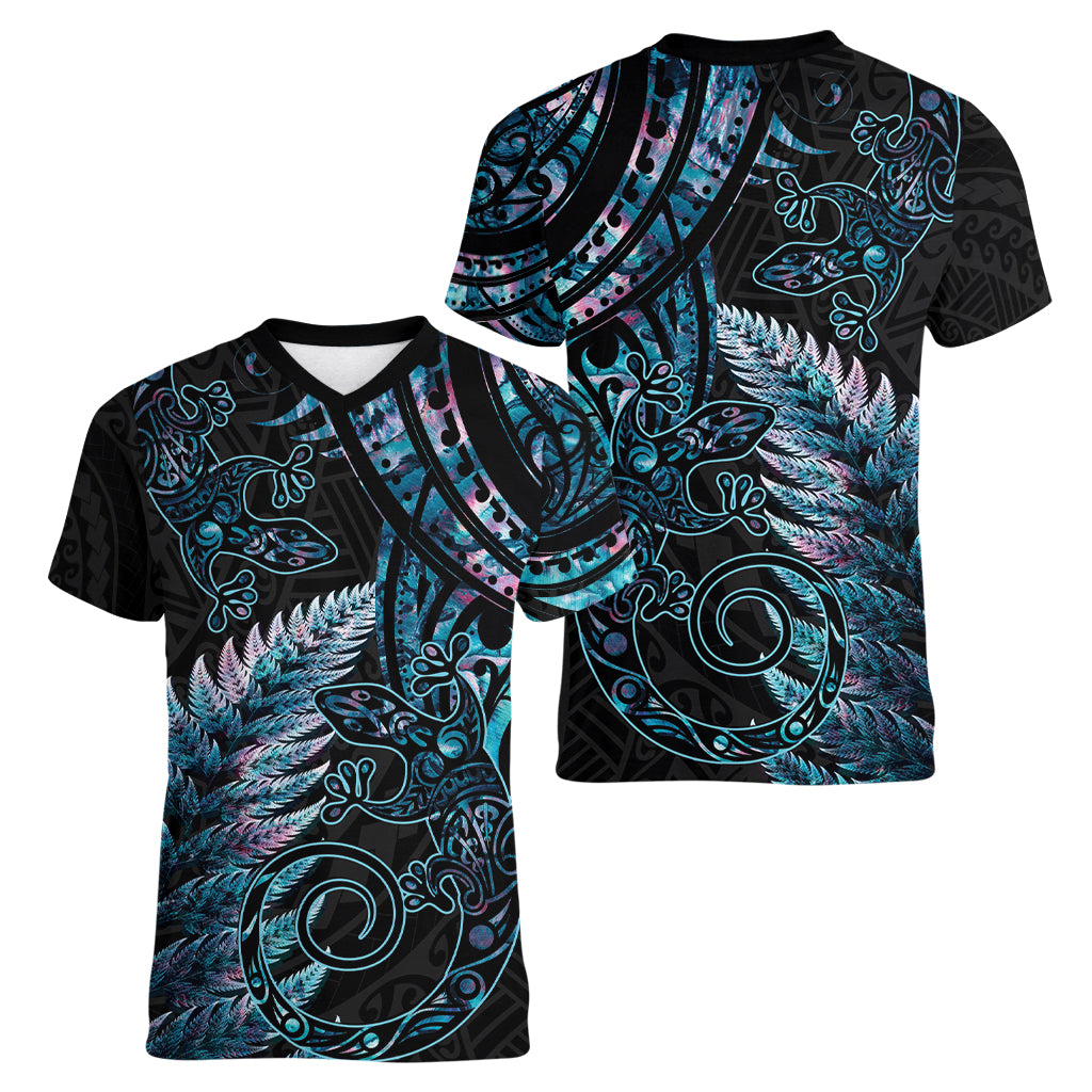 New Zealand Lizard Women V Neck T Shirt Silver Fern Aotearoa Maori With Paua Shell LT14 - Polynesian Pride