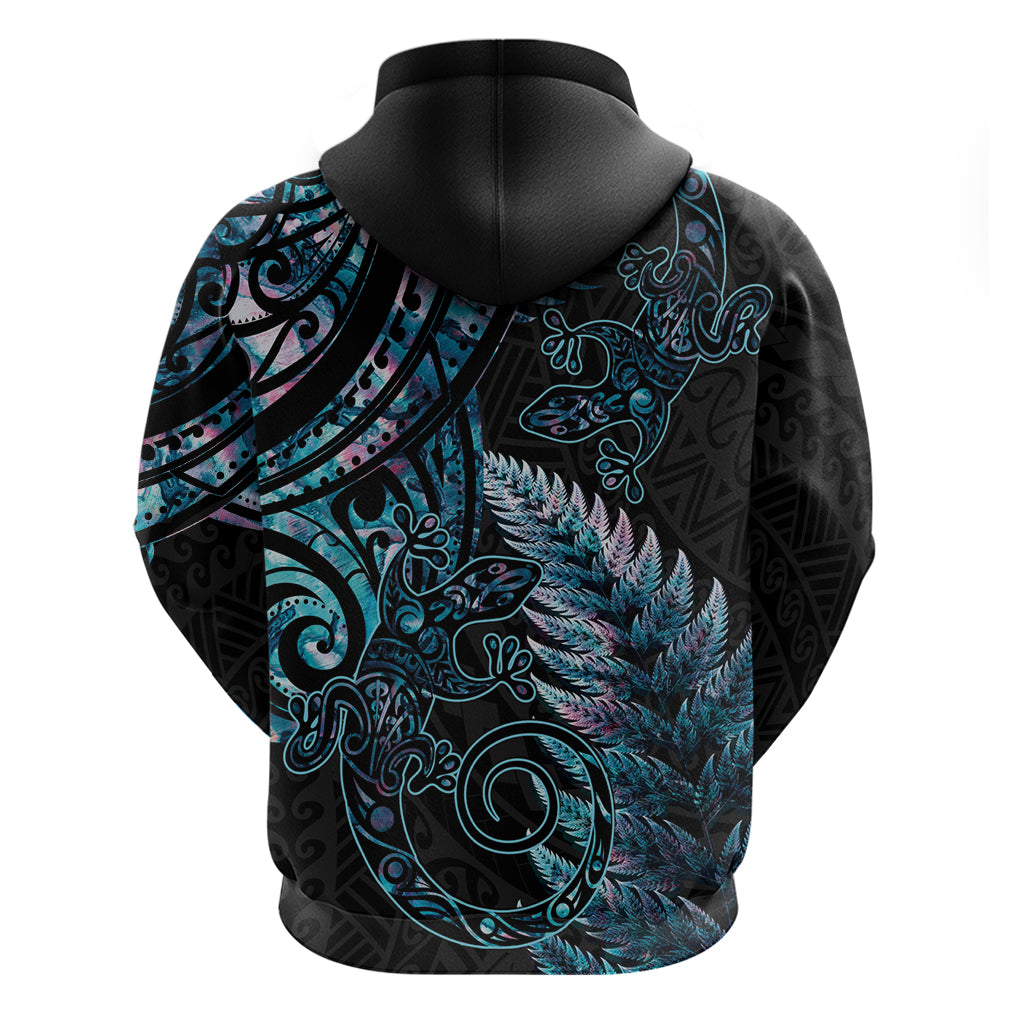 New Zealand Lizard Zip Hoodie Silver Fern Aotearoa Maori With Paua Shell LT14 - Polynesian Pride