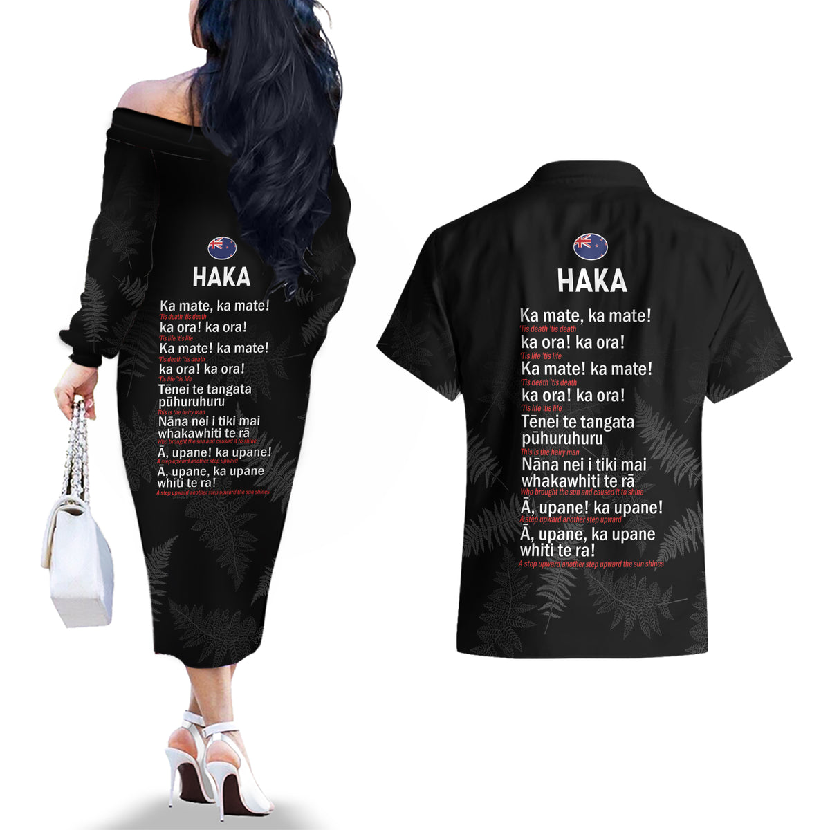 New Zealand Haka Rugby Couples Matching Off The Shoulder Long Sleeve Dress and Hawaiian Shirt 2024 Pacific Go Black Silver Fern LT14 - Polynesian Pride