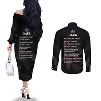 New Zealand Haka Rugby Couples Matching Off The Shoulder Long Sleeve Dress and Long Sleeve Button Shirt 2024 Pacific Go Black Silver Fern LT14 - Polynesian Pride