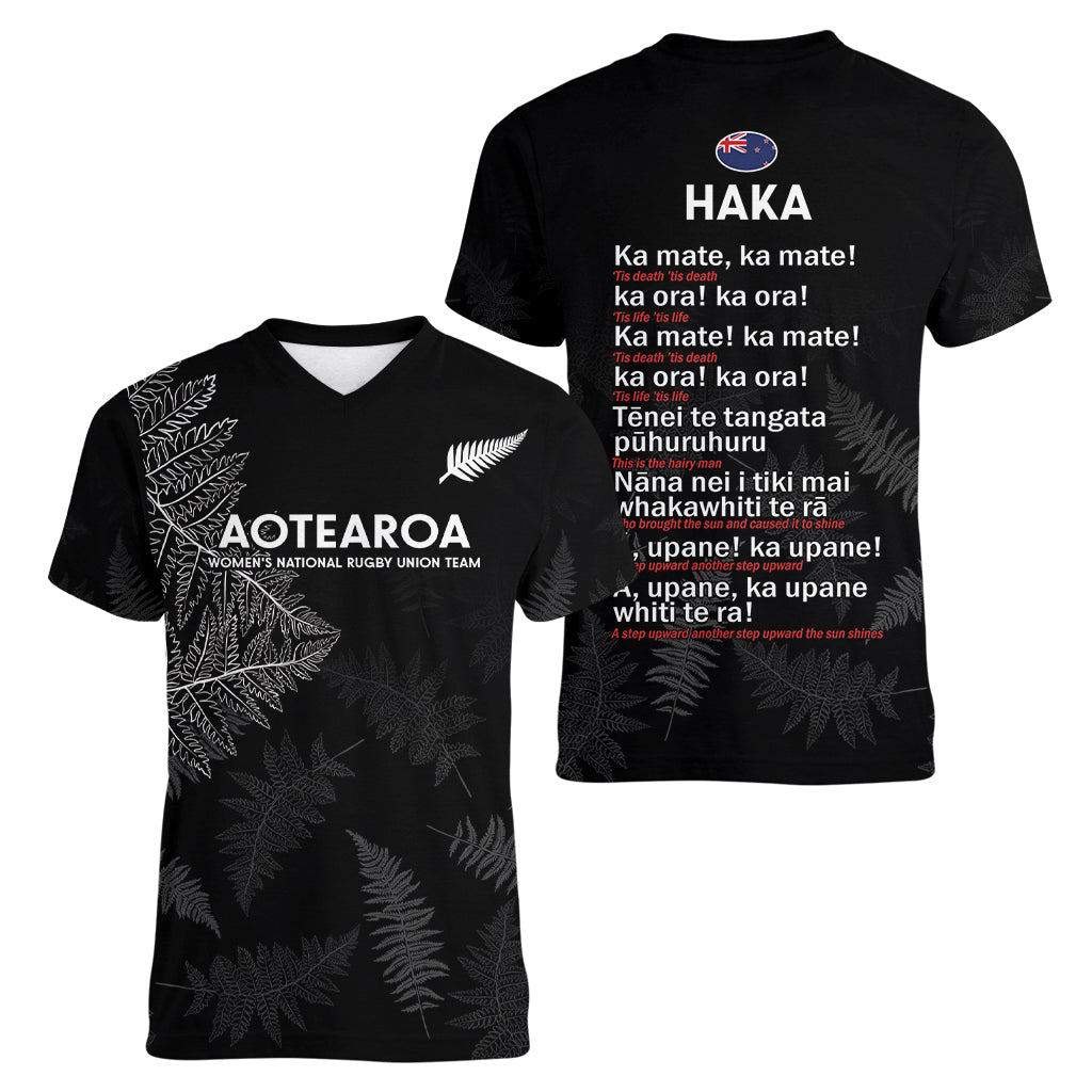 New Zealand Haka Rugby Women V Neck T Shirt 2024 Pacific Go Black Silver Fern LT14 - Polynesian Pride