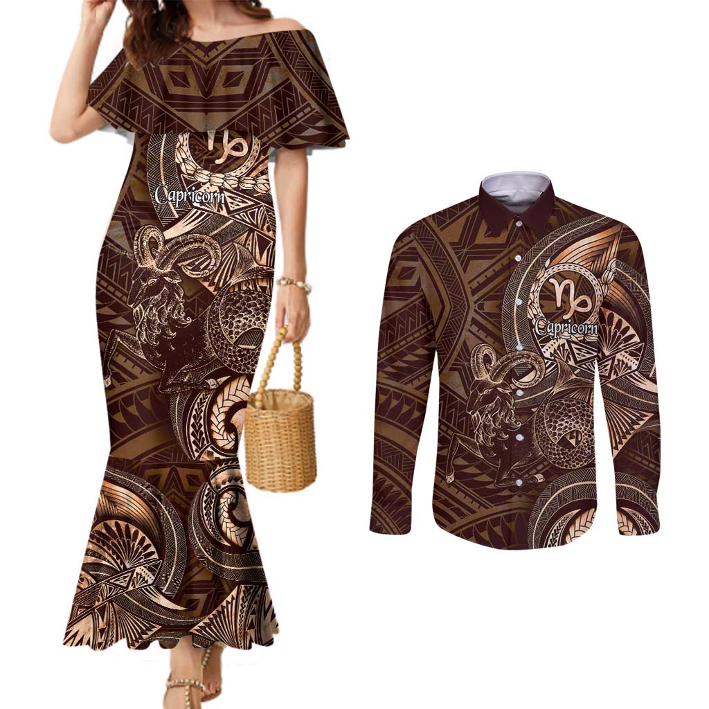 Personalised Polynesia Zodiac Capricorn Couples Matching Mermaid Dress and Long Sleeve Button Shirt Galaxy Polynesian Pattern Chest Tattoo Style