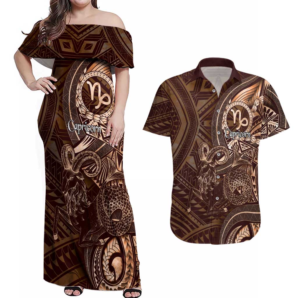 Personalised Polynesia Zodiac Capricorn Couples Matching Off Shoulder Maxi Dress and Hawaiian Shirt Galaxy Polynesian Pattern Chest Tattoo Style