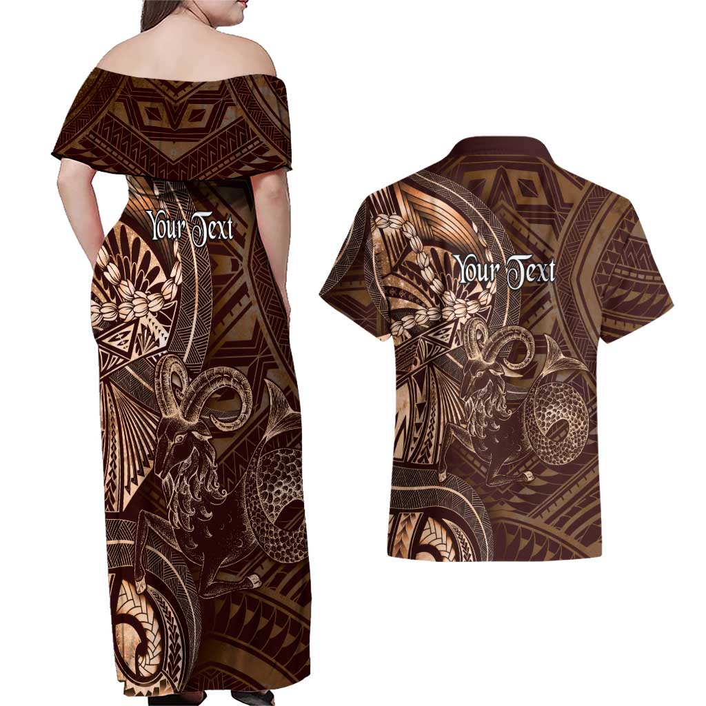 Personalised Polynesia Zodiac Capricorn Couples Matching Off Shoulder Maxi Dress and Hawaiian Shirt Galaxy Polynesian Pattern Chest Tattoo Style