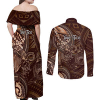Personalised Polynesia Zodiac Capricorn Couples Matching Off Shoulder Maxi Dress and Long Sleeve Button Shirt Galaxy Polynesian Pattern Chest Tattoo Style