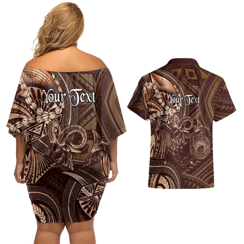 Personalised Polynesia Zodiac Capricorn Couples Matching Off Shoulder Short Dress and Hawaiian Shirt Galaxy Polynesian Pattern Chest Tattoo Style