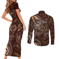Personalised Polynesia Zodiac Capricorn Couples Matching Short Sleeve Bodycon Dress and Long Sleeve Button Shirt Galaxy Polynesian Pattern Chest Tattoo Style