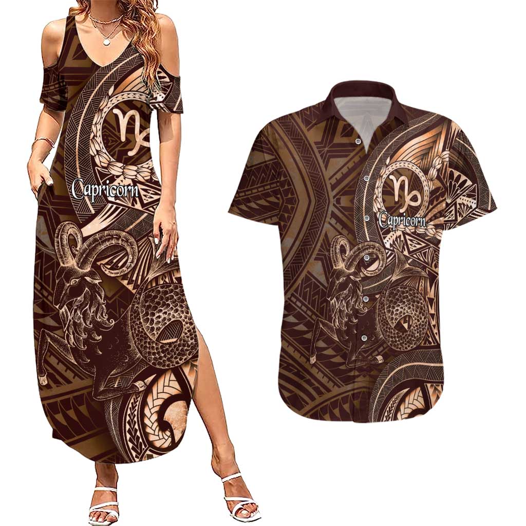 Personalised Polynesia Zodiac Capricorn Couples Matching Summer Maxi Dress and Hawaiian Shirt Galaxy Polynesian Pattern Chest Tattoo Style