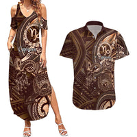 Personalised Polynesia Zodiac Capricorn Couples Matching Summer Maxi Dress and Hawaiian Shirt Galaxy Polynesian Pattern Chest Tattoo Style