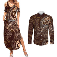 Personalised Polynesia Zodiac Capricorn Couples Matching Summer Maxi Dress and Long Sleeve Button Shirt Galaxy Polynesian Pattern Chest Tattoo Style