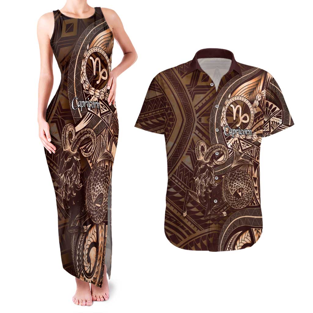 Personalised Polynesia Zodiac Capricorn Couples Matching Tank Maxi Dress and Hawaiian Shirt Galaxy Polynesian Pattern Chest Tattoo Style