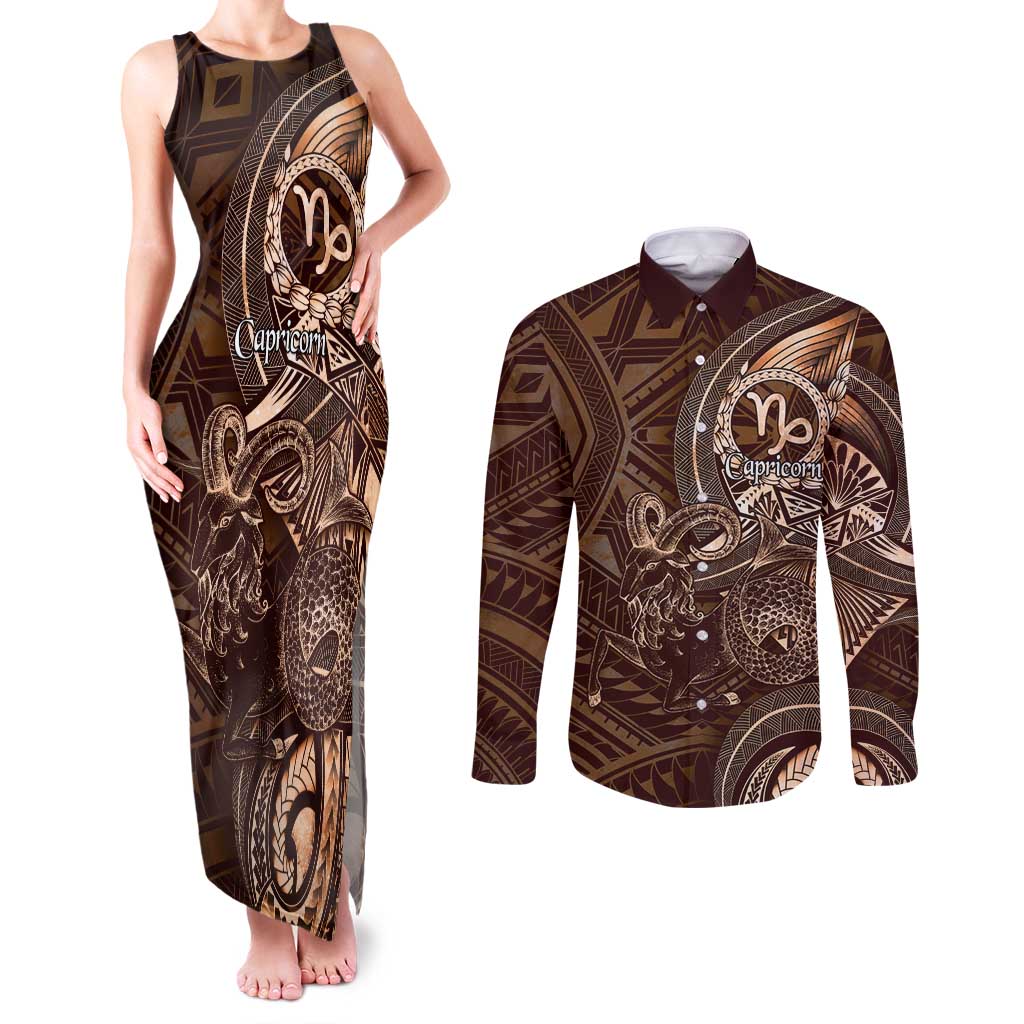 Personalised Polynesia Zodiac Capricorn Couples Matching Tank Maxi Dress and Long Sleeve Button Shirt Galaxy Polynesian Pattern Chest Tattoo Style