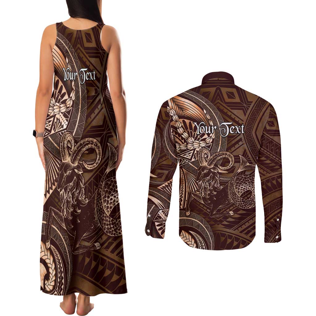 Personalised Polynesia Zodiac Capricorn Couples Matching Tank Maxi Dress and Long Sleeve Button Shirt Galaxy Polynesian Pattern Chest Tattoo Style