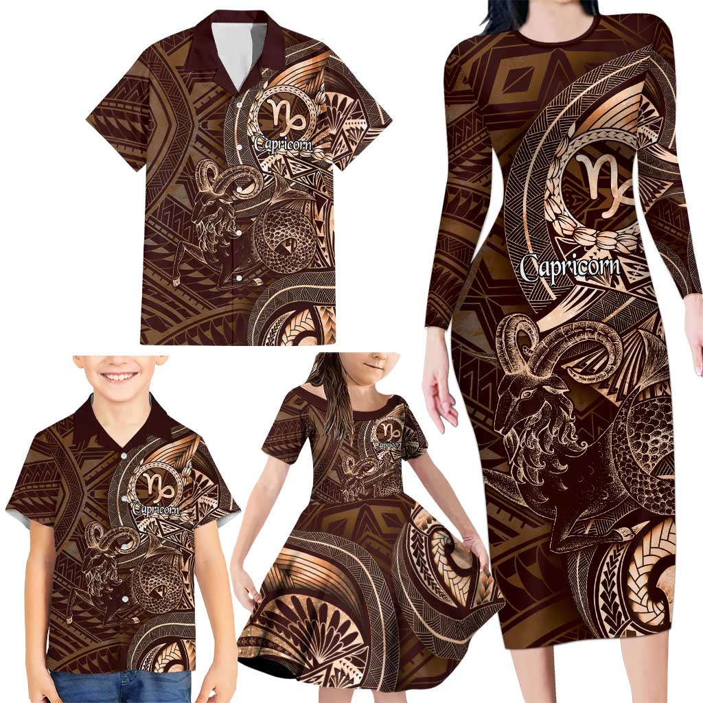 Personalised Polynesia Zodiac Capricorn Family Matching Long Sleeve Bodycon Dress and Hawaiian Shirt Galaxy Polynesian Pattern Chest Tattoo Style