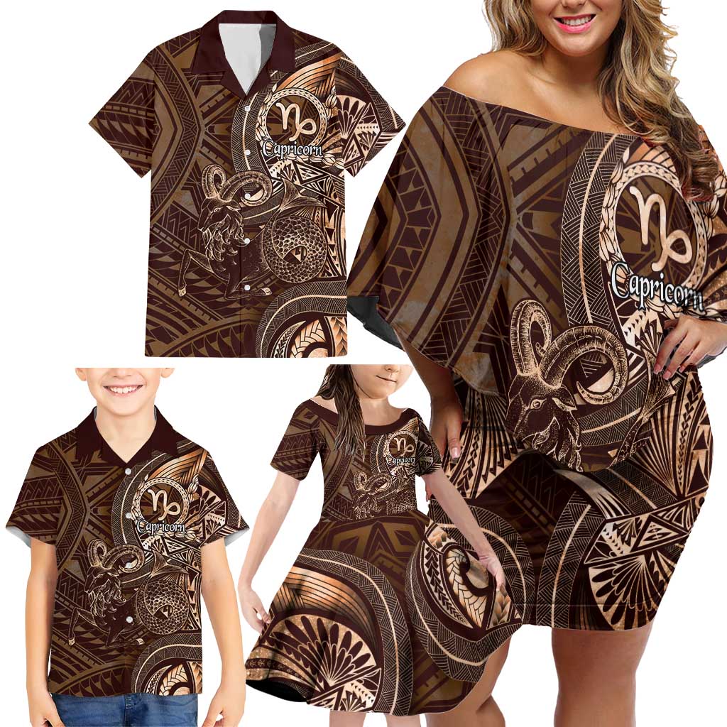 Personalised Polynesia Zodiac Capricorn Family Matching Off Shoulder Short Dress and Hawaiian Shirt Galaxy Polynesian Pattern Chest Tattoo Style