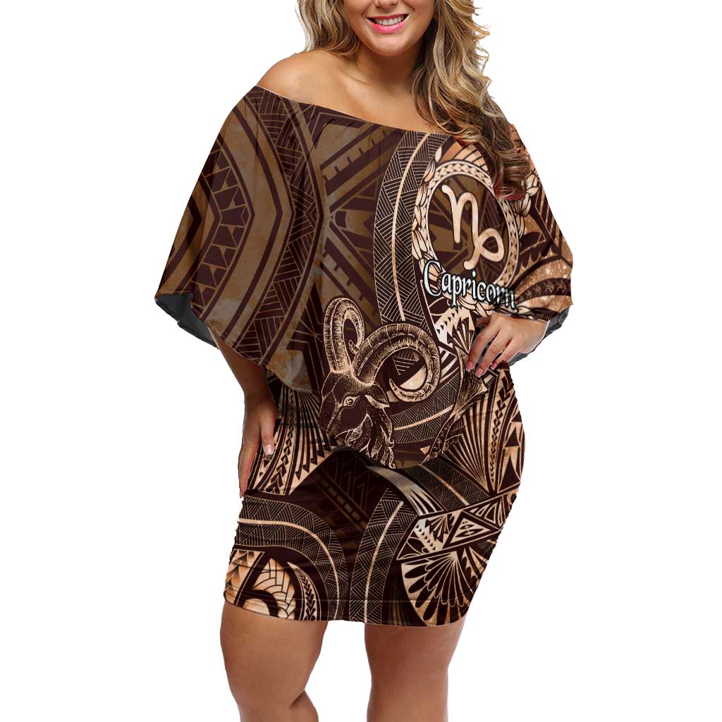 Personalised Polynesia Zodiac Capricorn Family Matching Off Shoulder Short Dress and Hawaiian Shirt Galaxy Polynesian Pattern Chest Tattoo Style