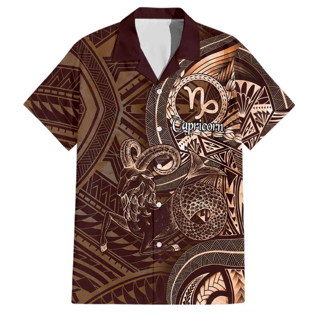 Personalised Polynesia Zodiac Capricorn Family Matching Short Sleeve Bodycon Dress and Hawaiian Shirt Galaxy Polynesian Pattern Chest Tattoo Style LT14 Dad's Shirt - Short Sleeve Brown - Polynesian Pride
