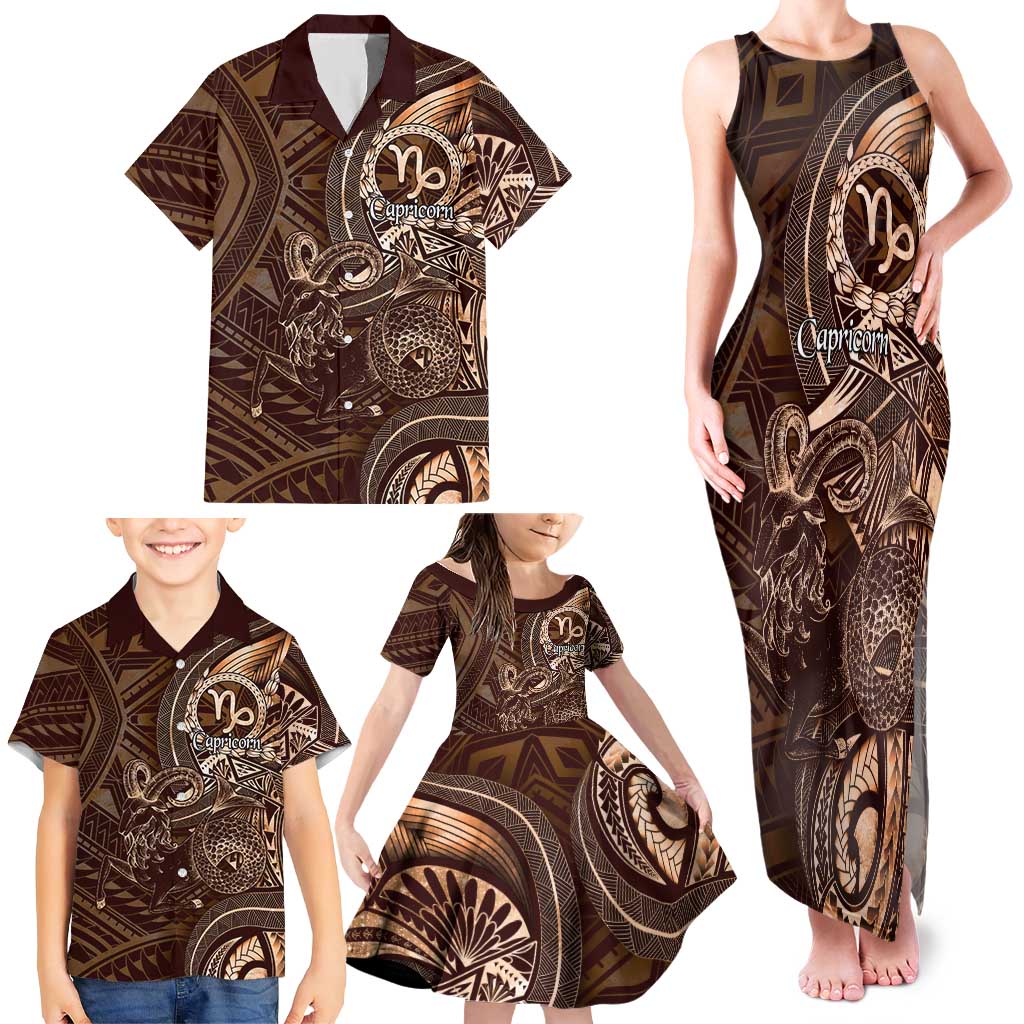 Personalised Polynesia Zodiac Capricorn Family Matching Tank Maxi Dress and Hawaiian Shirt Galaxy Polynesian Pattern Chest Tattoo Style