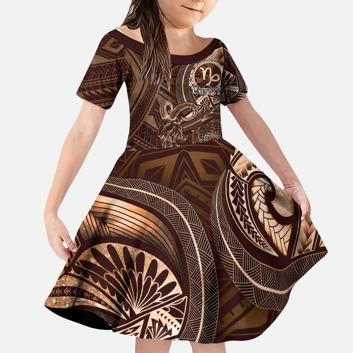 Personalised Polynesia Zodiac Capricorn Kid Short Sleeve Dress Galaxy Polynesian Pattern Chest Tattoo Style