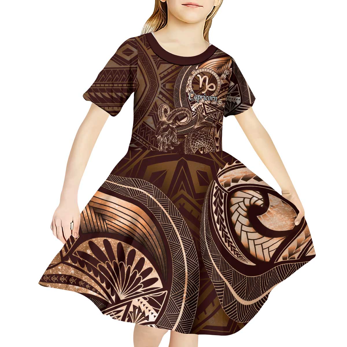 Personalised Polynesia Zodiac Capricorn Kid Short Sleeve Dress Galaxy Polynesian Pattern Chest Tattoo Style
