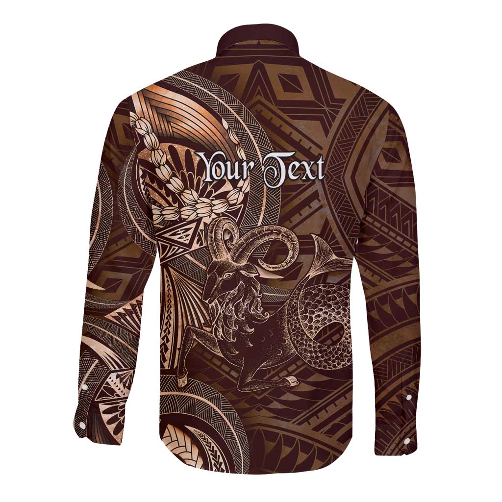 Personalised Polynesia Zodiac Capricorn Long Sleeve Button Shirt Galaxy Polynesian Pattern Chest Tattoo Style