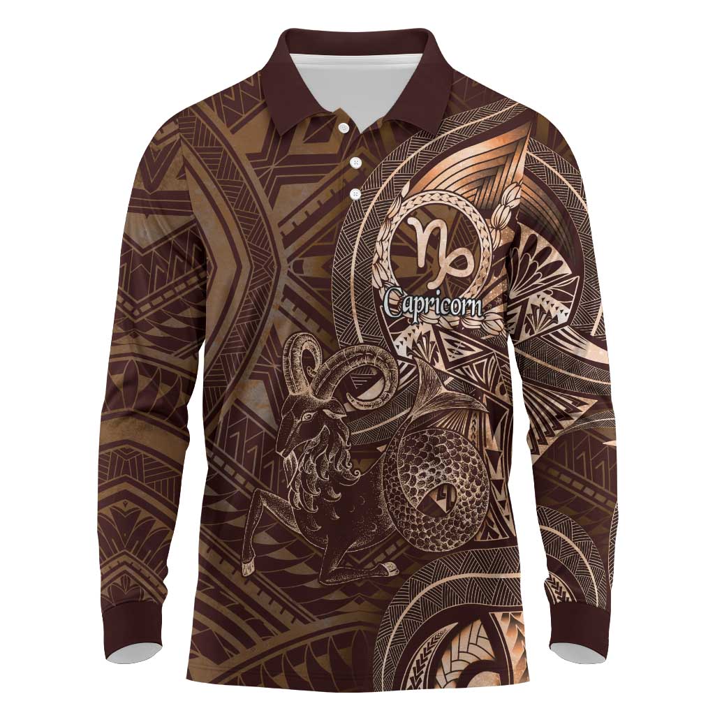 Personalised Polynesia Zodiac Capricorn Long Sleeve Polo Shirt Galaxy Polynesian Pattern Chest Tattoo Style
