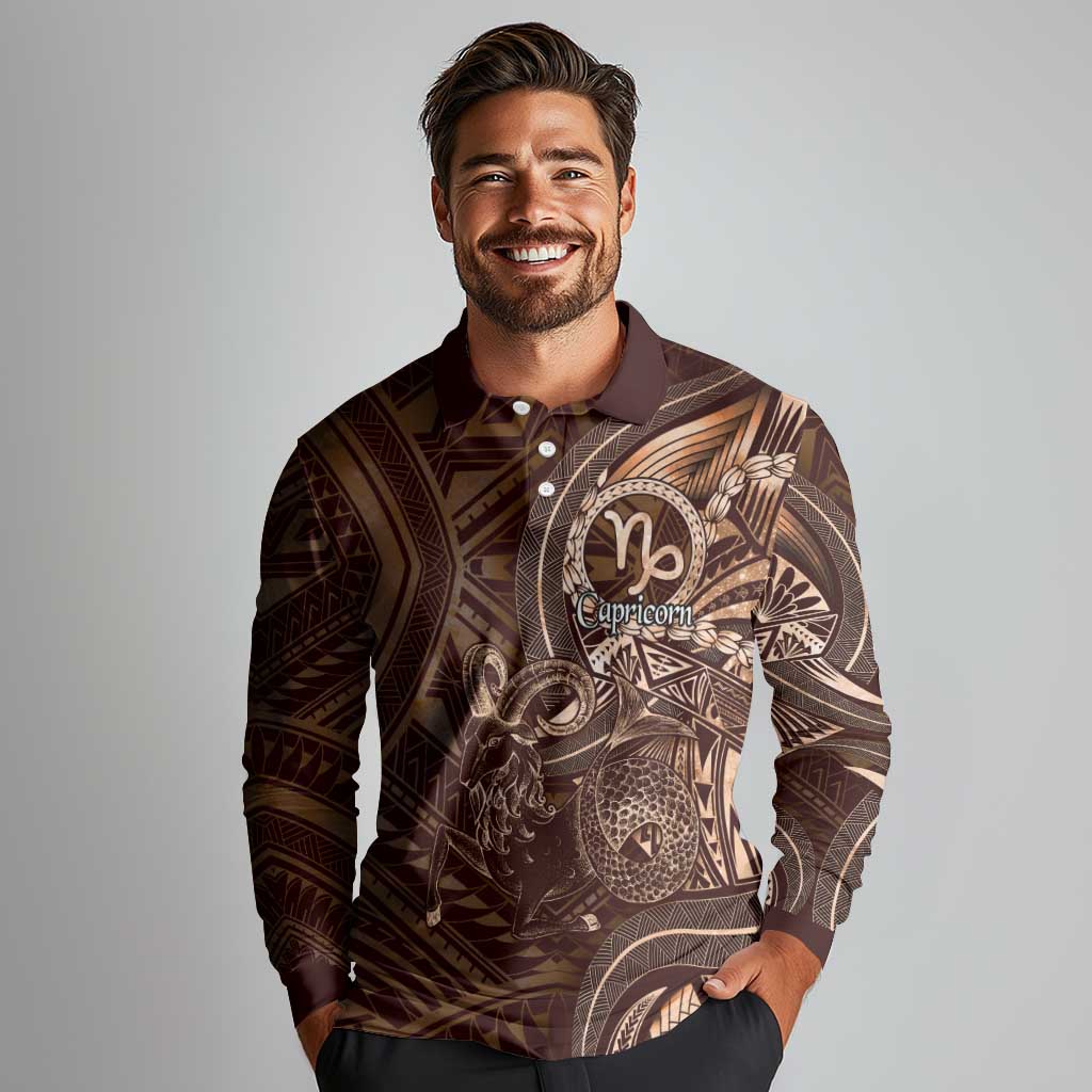 Personalised Polynesia Zodiac Capricorn Long Sleeve Polo Shirt Galaxy Polynesian Pattern Chest Tattoo Style