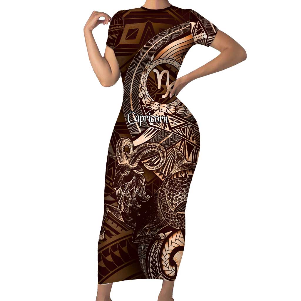 Personalised Polynesia Zodiac Capricorn Short Sleeve Bodycon Dress Galaxy Polynesian Pattern Chest Tattoo Style