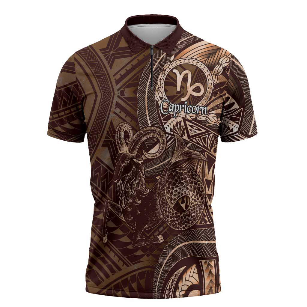 Personalised Polynesia Zodiac Capricorn Zipper Polo Shirt Galaxy Polynesian Pattern Chest Tattoo Style