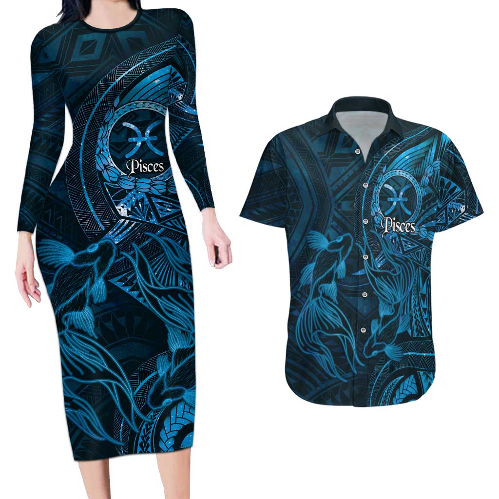 Personalised Polynesia Zodiac Pisces Couples Matching Long Sleeve Bodycon Dress and Hawaiian Shirt Galaxy Polynesian Pattern Chest Tattoo Style