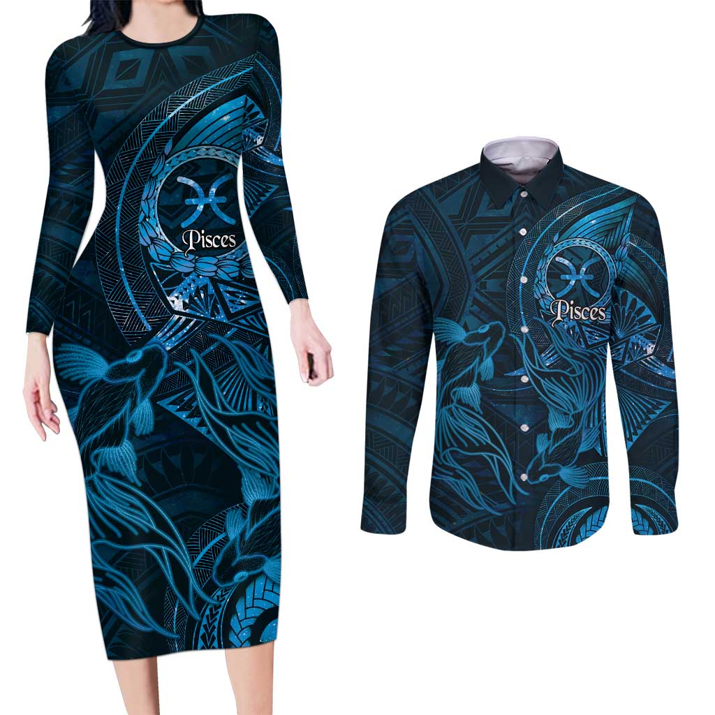 Personalised Polynesia Zodiac Pisces Couples Matching Long Sleeve Bodycon Dress and Long Sleeve Button Shirt Galaxy Polynesian Pattern Chest Tattoo Style
