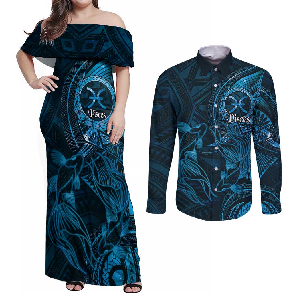 Personalised Polynesia Zodiac Pisces Couples Matching Off Shoulder Maxi Dress and Long Sleeve Button Shirt Galaxy Polynesian Pattern Chest Tattoo Style